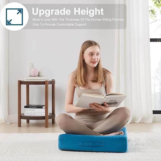 22 inches Floor Pillow for Adults - Large Meditation Cushion with Thick Foam & Soft Tufted Cover - Premium Outdoor Square Floor Cushion Seat - Yoga Pillow for Sitting On Floor - Peacock Blue
