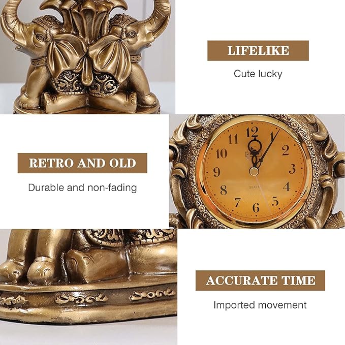rnuie Desk Clock for Mantle Decor, Vintage Elephant Table Clock Battery Operated, Bronze Elephant Statue Mantel Clock for Living Room, Shelf, Fireplace, Home, Table Top Decor