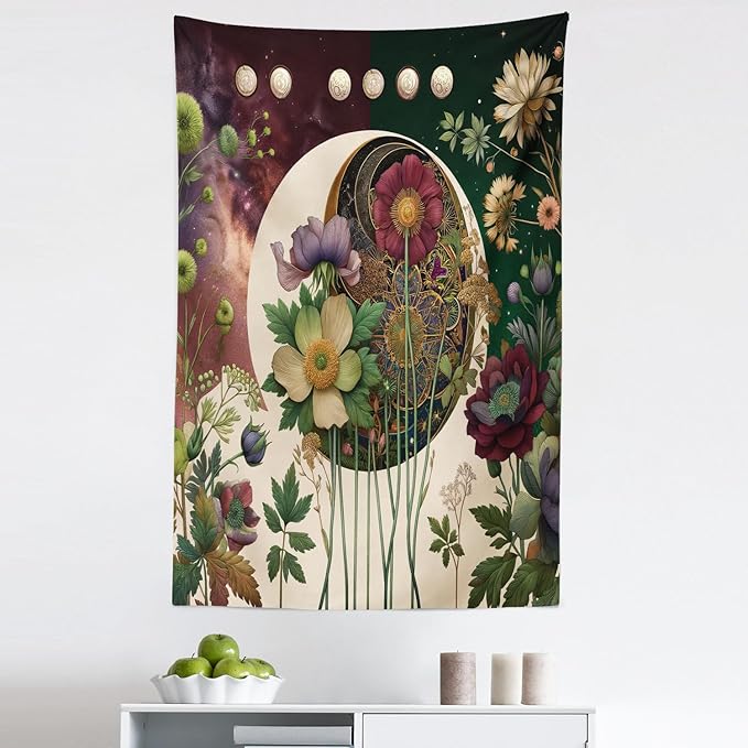 Ambesonne Moon Tapestry, Abstract Blooming Gentle Leafy Flowers with Lunar Phase Ethno Details, Fabric Wall Hanging Decor for Bedroom Living Room Dorm, 30" X 45", Fern Green Eggshell Lilac