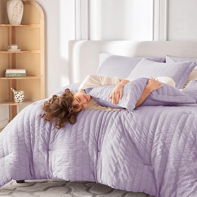 MUXHOMO 7 Pieces California King Comforter Set, Seersucker Bed in a Bag Cal King Size, All Season Luxury Bedding Set with Comforter, Flat Sheet, Fitted Sheet, Pillowcases & Shams, Lavender