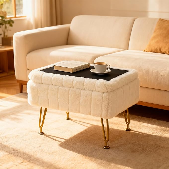 ACEQLYT® Small Foot Stool Ottoman with Storage, Foot Rest for Couch and Chair, White Faux Fur Storage Ottoman with Gold Metal Legs and Padded Seat