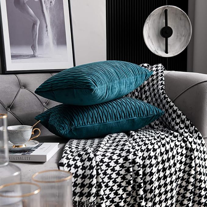12x20 Teal Throw Pillow Cases: 2 Pack Original Striped Velvet Rectangular Decorative Pillow Covers for Farmhouse Couch
