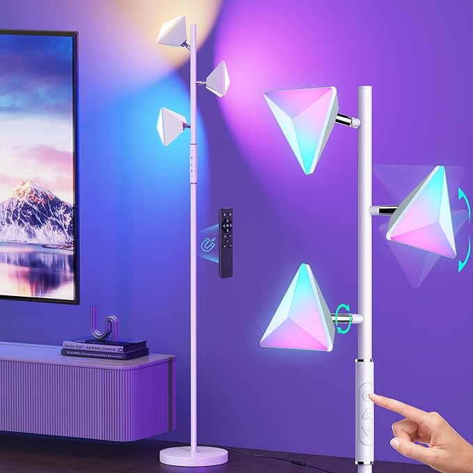 36W RGBCW Floor Lamp, Color Changing LED Tree Floor Lamp, Stepless Dimmable Tall Standing Lamp with Remote & Touch Control, 2700K-6500K Modern Floor Lamps for Living Room, Bedroom, Gaming Room - White