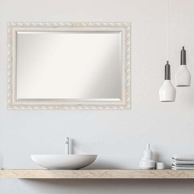 Amanti Art White Wall Mirror 30x42 Opera Off White Rectangle Bathroom Mirror for Wall Decor Living Room, Large Traditional Wood Frame, Hangs Horizonally and Vertically, Bathroom Decor, Beveled Edge