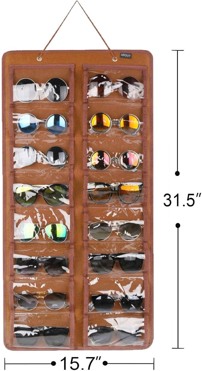 AROUY Sunglasses Organizer Storage, Hanging Dust Proof Wall Pocket Glasses Organizer - 16 Felt Slots Sunglass Organizers Holder with Metal Hook and Sturdy Rope (Brown, Dust Proof)