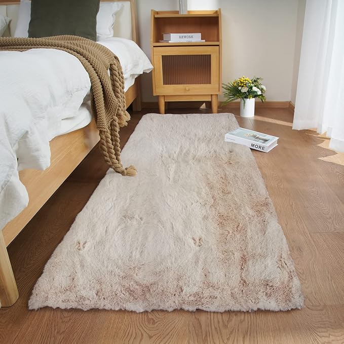 Ghouse Ultra Soft Faux Rabbit Fur Rug, Machine Washable Area Rugs for Bedroom Fluffy Rugs for Living Room, No-Shedding Carpet Sheepskin Runner Rugs Light Brown Beige 2x10 Feet