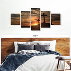 Elephant Stock Cross Silhouettes Wall Art Multi Piece Canvas - 5 Panel Christian Pictures Decor - Digital Design Canvas Print - Christian Wall Decor - 92" X 42"