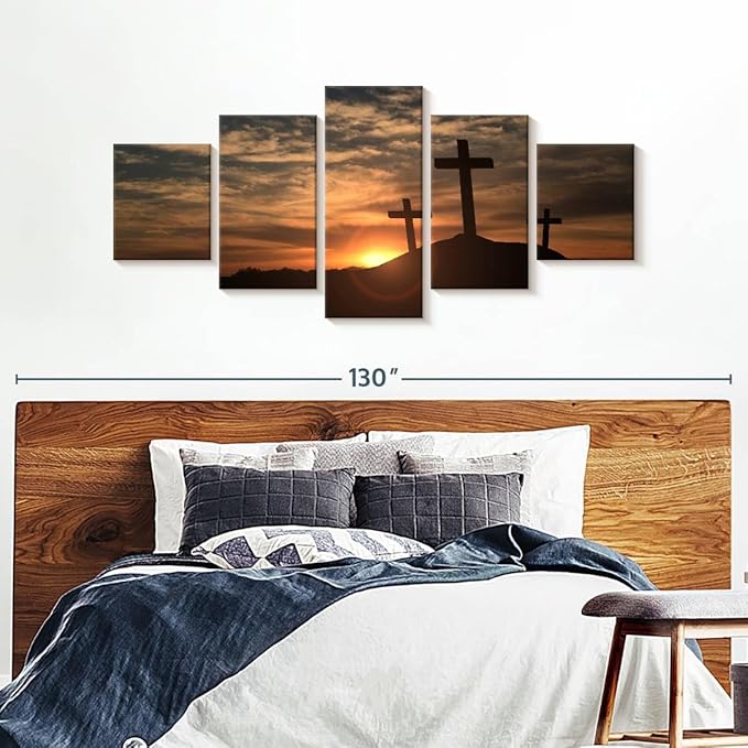 Elephant Stock Cross Silhouettes Wall Art Multi Piece Canvas - 5 Panel Christian Pictures Decor - Digital Design Canvas Print - Christian Wall Decor - 92" X 42"