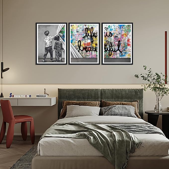 Novatique Street Graffiti Canvas Print Banksy Wall Art Pop Art Wall Decor Modern Graffiti Art Picture Home Decoration Framed Ready to Hang,16" x 24" x 3pcs