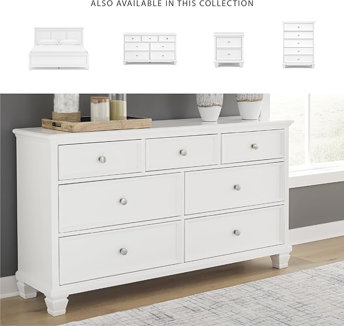 Signature Design by Ashley Fortman Casual Dresser with 7 Storage Drawers and Tapered Feet, Round Metal Knobs" Satin Nickel-tone, Wood, 36" High, White