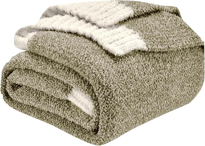 CozeCube Super Soft Fullfy Microfiber Reversible Knitted Blankets, Warm Cozy Fuzzy Plush Throw, Olive Green and White Melange Throw Blanket for Couch Bed Sofa, 60" x 80"