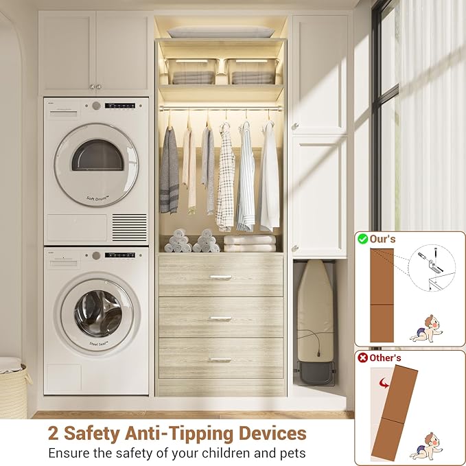 Closet System Set of 2, 4FT Closet Systems with 6 Wood Drawers, 48" Closet Organizer System with 2 Hanging Rods & 2 Shelves, Heavy Duty 48 Inch Walk-in Closet, White Oak (48"L x 15" W x 80" H)