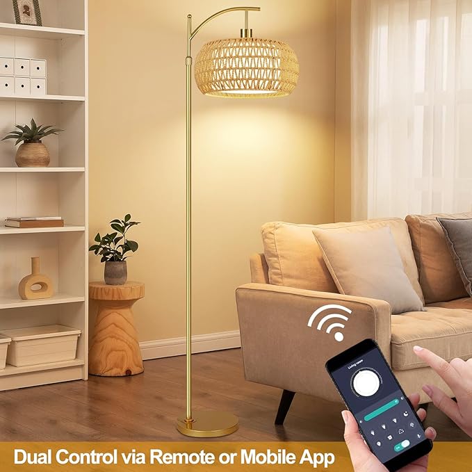 Gold Floor Lamps for Living Room Rattan Boho Floor Lamp with Remote Control & 3 Color Temperature,Dimmable Arc Floor Lamps Brass Standing Lamp Tall Floor Lamp for Bedroom Living Room Corner