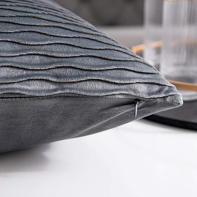 Grey Striped Decorative Pillow Cases: 2 Pack 24x24 Inch Original Velvet Square Throw Pillow Covers for Farmhouse Couch