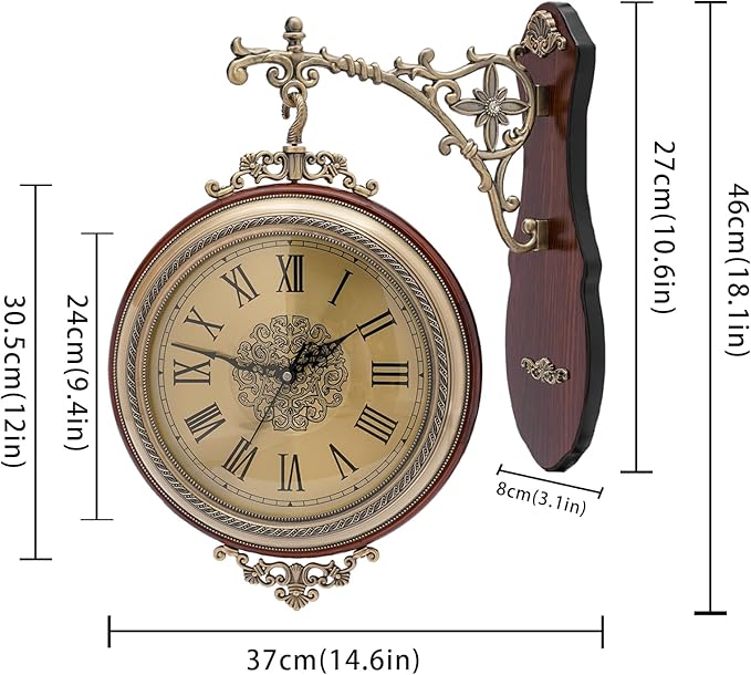 Large Wall Clock Double Sided, European Style Double Sided Alloy Wall Clock 360° Rotating Metal Wall Watch Non Ticking Silent Clock for Indoor Outdoor Office Living Room Porch Clock Wall Decor