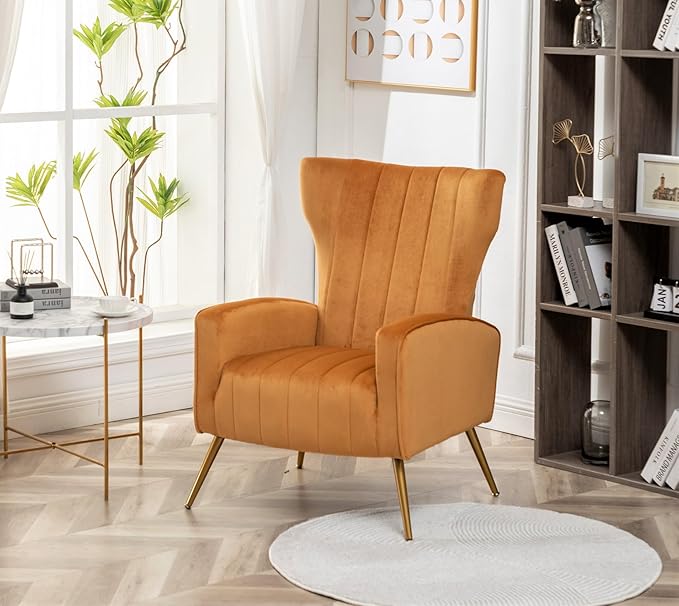 Modern Velvet Accent Chair, Channel Tufted Bedroom, Office or Living Room Furniture with Elegant Metal Legs, 26" Wide Armchair, Mustard Yellow