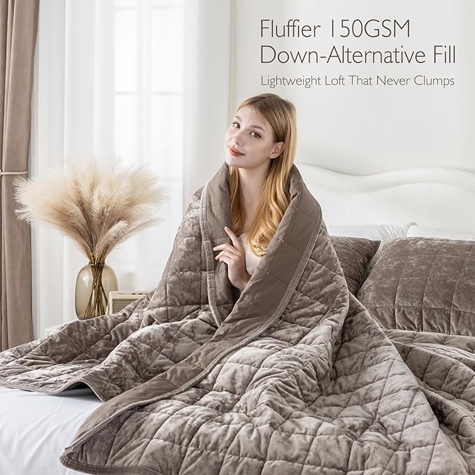 Oversized King Greek Velvet Quilt Set, 3× Softer Luxe Sheen, 100% Cotton Backing, 150GSM Down-Alternative Fill, Extra-Wide 112×106" Hotel-Style Luxury Coverage (1 Quilt + 2 Pillow Shams), Fossil