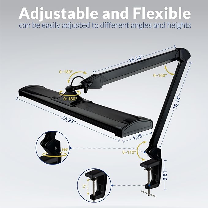 Ultra Bright 2300 Lumens Professional Eye Care LED Desk Lamp - Adjustable Brightness, Dimmable Modern Task Light with Clamp for Home Office, Beauty, Crafting, Workbench (Daylight, Dimming, Black)