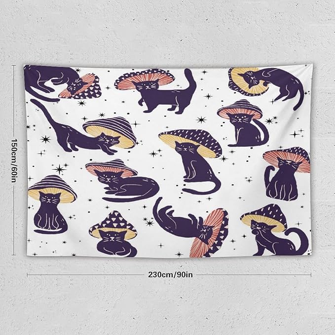 VUMIVI Funny Cat Mushroom Tapestry Retro 70s Hippie Style Cute Black Kitten Star Aesthetic Art Print Tapestry Wall Hanging for Living Room Bedroom Dorm Classroom Aesthetic Decor W90xL60in