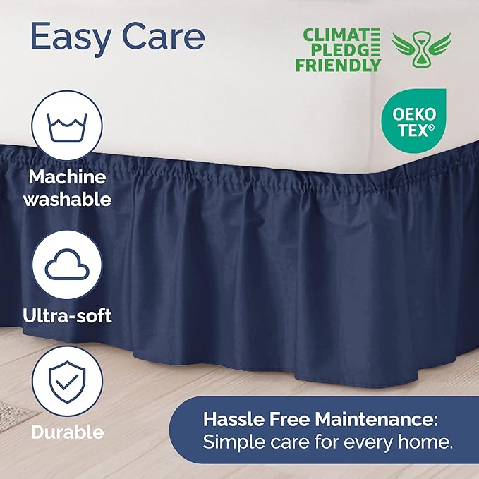 Wrap Around Dust Ruffle Bed Skirt - Navy Blue - for Full Size Beds with 24 Inch Drop - Elastic Strap - Adjustable Pleated Bedskirt with Brushed Fabric and Wrinkle Free - for Women, Men, Kids & Teens