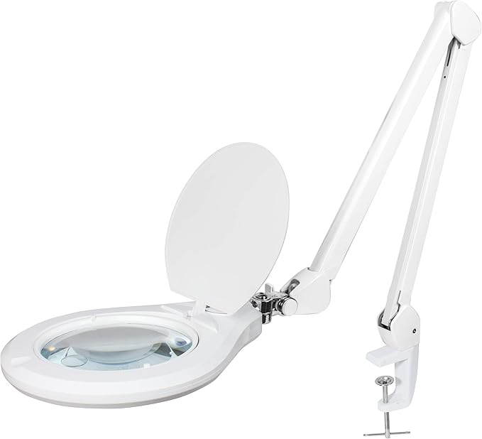 Neatfi Elite Super LED Magnifying Lamp with Clamp, 6” Glass Lens, Dual Magnification, 5D/12D, 6500K, Glare-Free, Nonpolar Dimming, Lamp for Reading, Sewing, Crafting (6 Inch Lens, White)