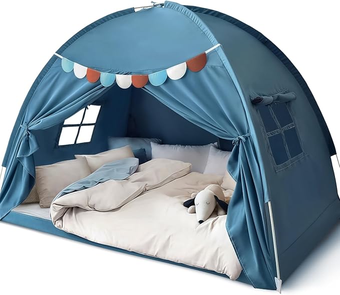 Razee Full Size Bed Canopy for Kids, Boys Bed Tent Dream Privacy Sleeping Tents Indoor, Toddler Under Bunk Bed Tent with Pennant Banners