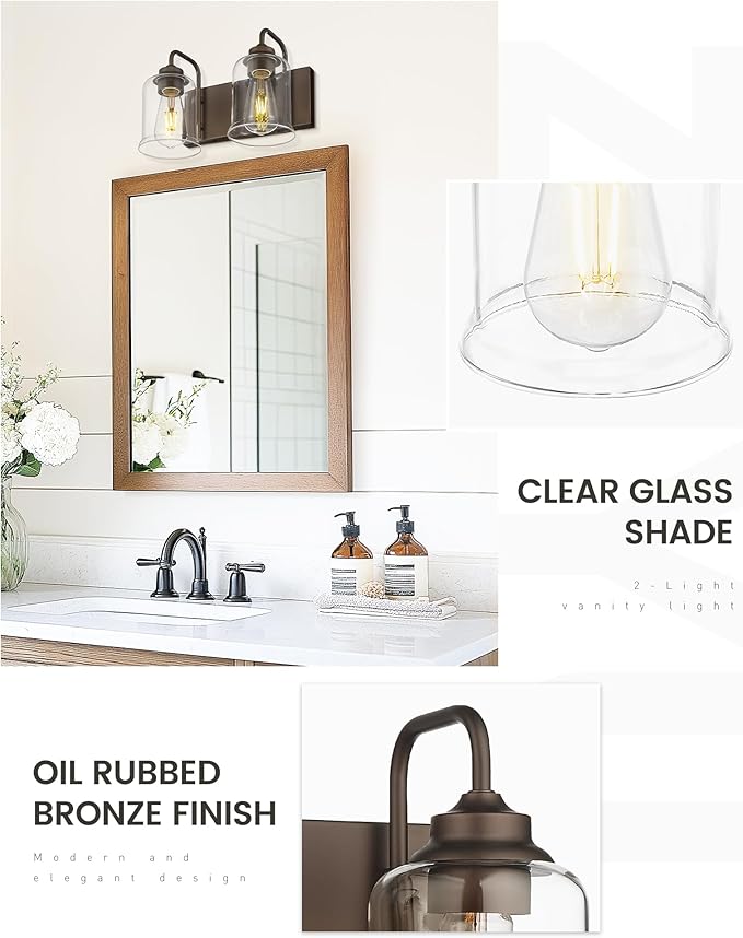 zeyu Oil Rubbed Bronze Bathroom Light Fixtures, 2-Light Bath Vanity Light, 12.5 Inch Farmhouse Wall Sconces with Clear Glass Shade, ZSL72B-2W ORB