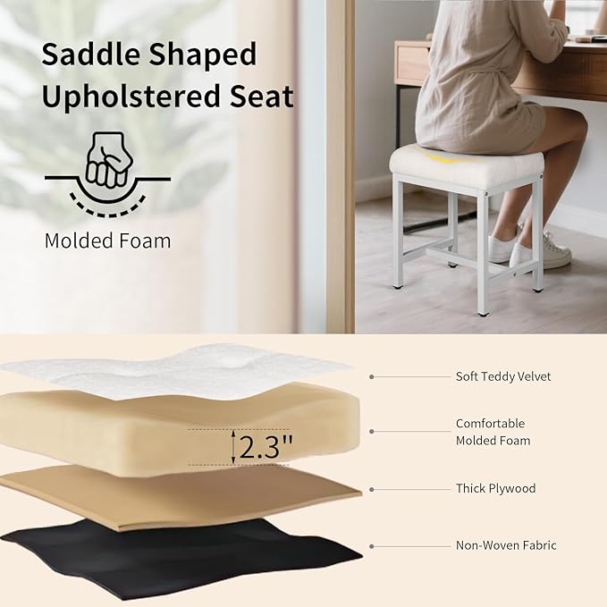 Vanity Stool, Saddle Seat Makeup Stool Chair with Metal Leg, U-Shaped Teddy Velvet Ottoman Foot Rest Stool, Small Square Chairs Under Desk for Vanity, Modern Makeup Bench White
