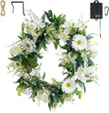 Solar Spring Wreath for Front Door 18inch 30LED Pre-lit Wreath Spring Summer Decor White Daisy Artificial Wreaths for Outside Home Decor for All Season Festival Farmhouse Decor