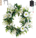 Solar Spring Wreath for Front Door 18inch 30LED Pre-lit Wreath Spring Summer Decor White Daisy Artificial Wreaths for Outside Home Decor for All Season Festival Farmhouse Decor