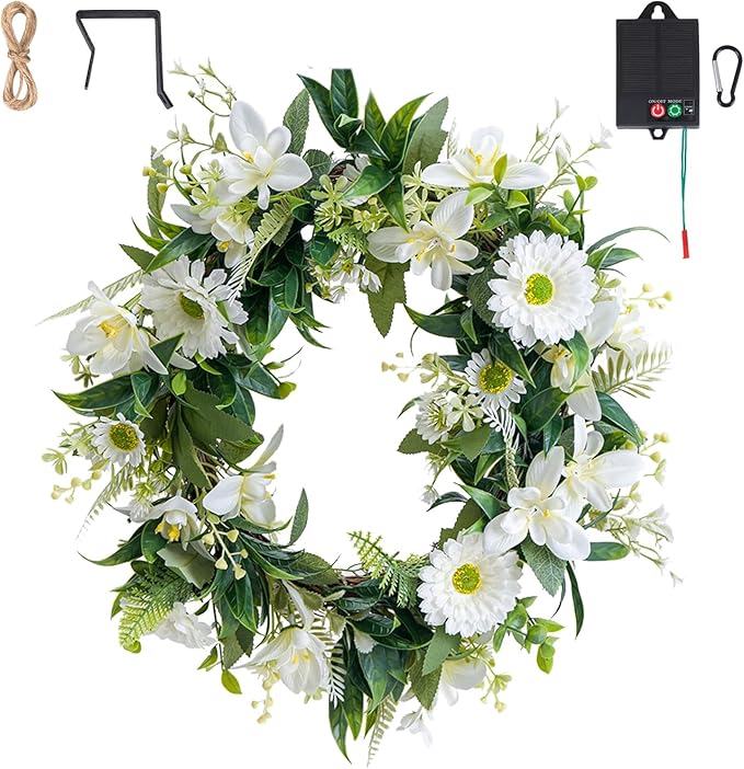 Solar Spring Wreath for Front Door 18inch 30LED Pre-lit Wreath Spring Summer Decor White Daisy Artificial Wreaths for Outside Home Decor for All Season Festival Farmhouse Decor