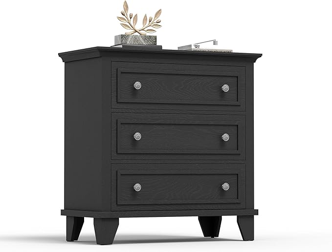 GarveeHome Black 3 Drawer Dresser for Bedroom, Wide Chest of Drawers with Vintage Handle, Wood Dresser Wide Nightstand for Living Room