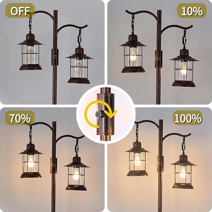 Industrial,Vintage Dimmable Floor Lamp,2 Classical Lanterns Standing Lamp, Rustic Farmhouse Floor Lamp with Bronze Gold Finish, for Living Room Bedroom (Red Copper-B-Style)