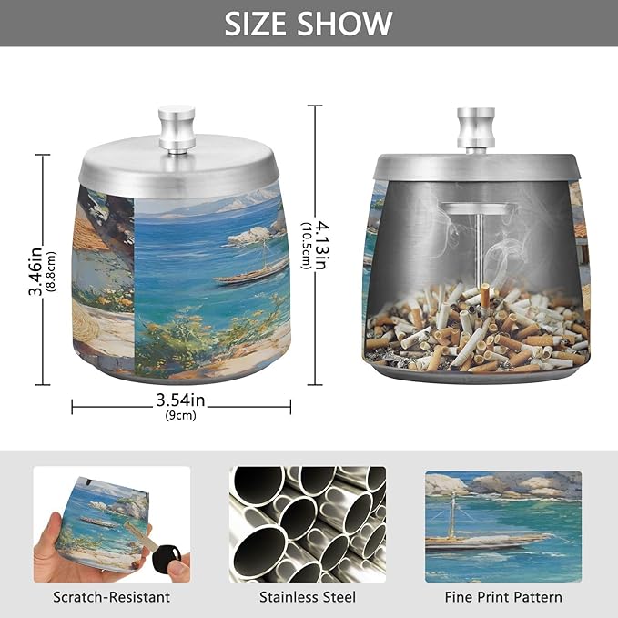 Seaside House Painting Ashtray with Lid, Outdoor Ashtrays for Patio, Stainless Steel Ashtray Odorless Smokeless for Home Office Balcony