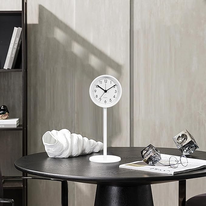 QIYAODECO® 3.2" Analog Alarm Clock,Small Retro Desk Clock Battery Operated,Slient Metal Table Clock with Light for Living Room Decor,Bedroom,Bedside,Shelf (White)
