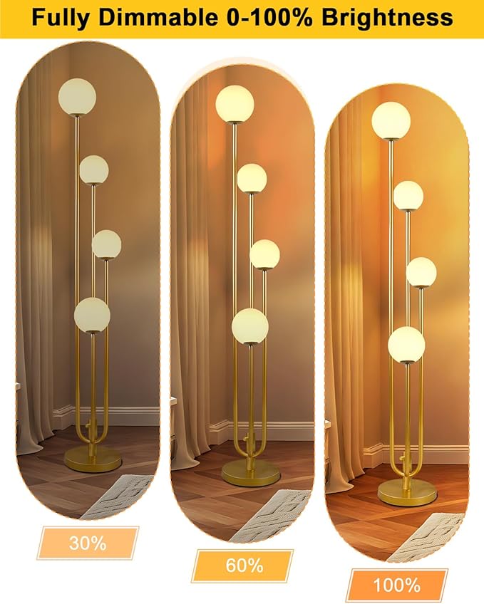 63IN 4-Light Dimmable Floor Lamp, Unique Candle Holder Style Gold Tall Standing Lamps with 3000K G9 Bulbs for Reading, Mid Century Modern Floor Lamp for Living Room Bedroom Home Office