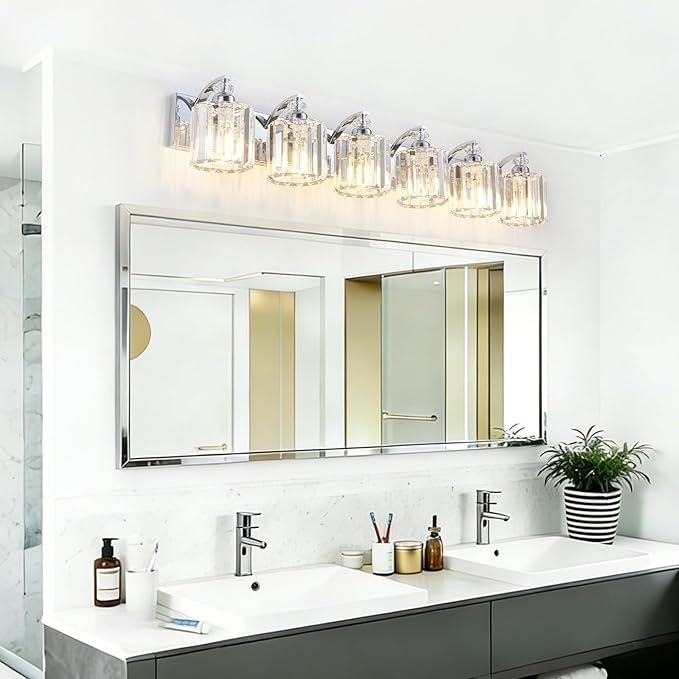 6-Light Modern Bathroom Light Fixture Chrome Vanity Lights Over Mirror Wall Sconce Lighting with K9 Crystal Shades Bathroom Wall Lamp E26 Base for Bedroom, Living Room, Hallway