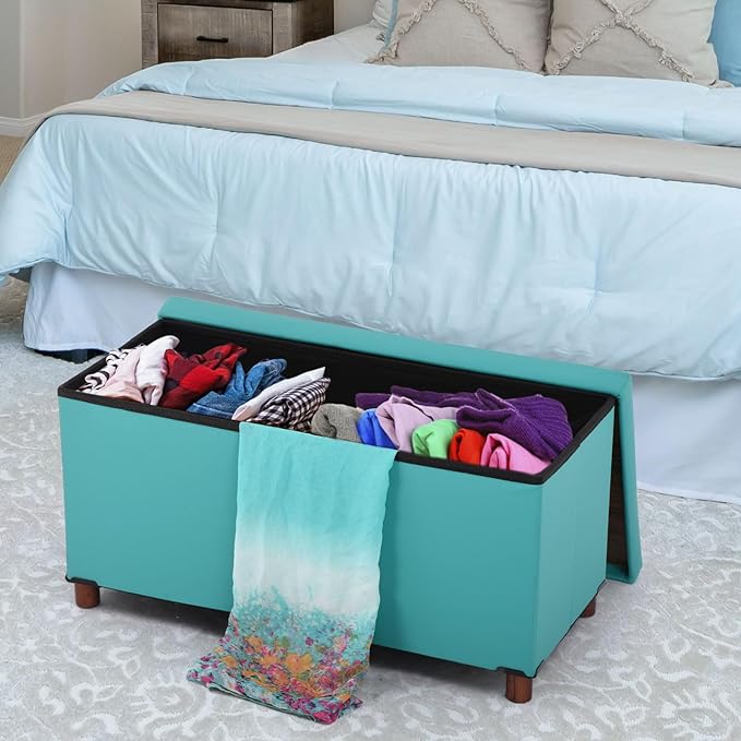 Ottoman Storage Bench for Living Room with Tray, Bedroom Foot Stool, Coffee Table Lid, End of Bed Faxu Leather 30" Inch (L-Green)