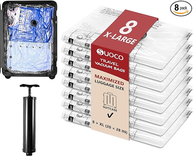 8 XL Travel Vacuum Storage Bags for Clothing with Hand Pump, Compression Packing Cubes Organizer for Luggage Suitcase, Space Saver Seal Bags for Vacation Cruise
