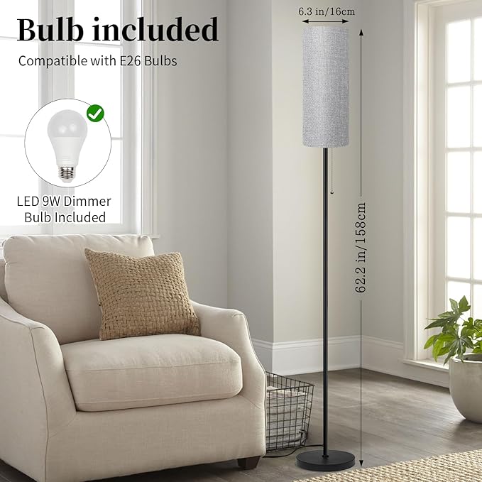 Floor Lamp for Living Room, Modern Standing Lamps with Lampshade, Minimalist Tall Lamp with Chain Switch for Living Room, LED Bulb Included (Gray Shade)