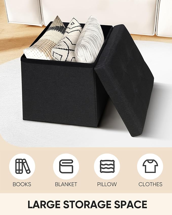 B FSOBEIIALEO Storage Ottoman Cube, Storage Chest Folding Ottomans Footrest for Living Room Seat, 12.6"X12.6"X12.6" (Linen Black)