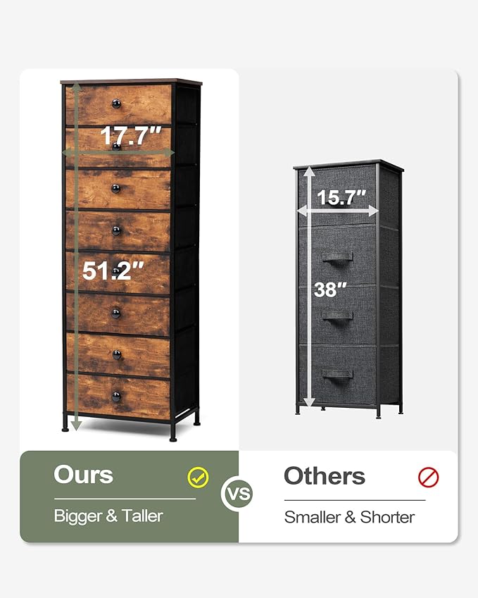 Crestlive Products Tall Dresser, 8-Drawer Fabirc Storage Tower, Chests of Drawers - Vertical Organizer Unit with Handles for Bedroom, Hallway, Entryway, Nursery, Wood Top, Closets (Rustic Brown)