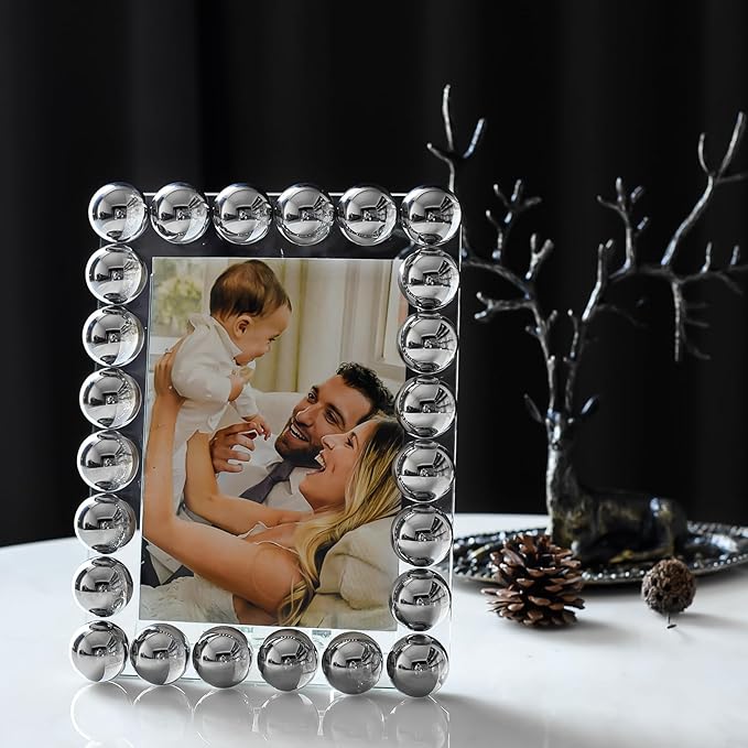 Crystal 5x7 Inch Picture Frame, Home Decor Ball Wedding Photo Frame Tabletop Display, Display Pictures 5''x 7'', Silver, Comes with Gift Box