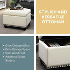 Convenience Concepts Designs4Comfort 5th Avenue Upholstered Storage Ottoman 24" - Contemporary Foot Stool and Seat with Hinged Lid for Living Room, Dining Room, Office, Den, Blue Faux Leather