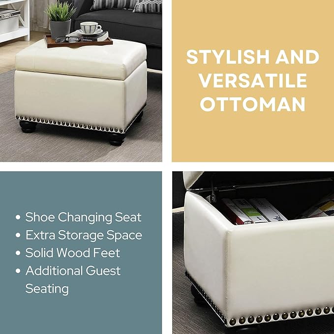 Convenience Concepts Designs4Comfort 5th Avenue Upholstered Storage Ottoman 24" - Contemporary Foot Stool and Seat with Hinged Lid for Living Room, Dining Room, Office, Den, Ivory Faux Leather