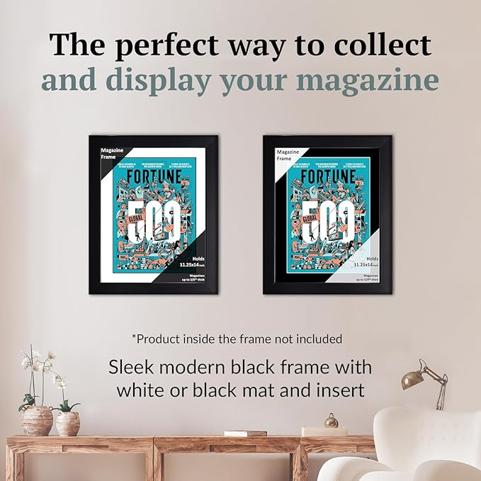 Creative Picture Frames 11.25 x 14 Magazine Frame with Full-Strength Glass, Holds Up To A 1/4" Thick Media with Installed Hangers for Easy Mounting, 12x15 Black Frame with White Mat