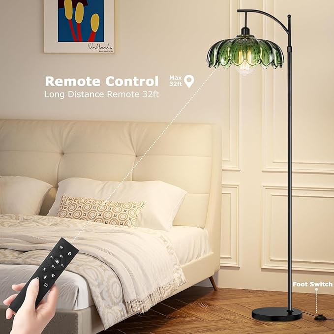 Glass Floor Lamp for Living Room,Bedroom,Gold Dimmable Standing Lamp with Remote,Mid Century Modern Brass Tall Lamp Boho Vintage Retro Floor Lamps Arc Green Flower Floor Light Lamp Bohemian
