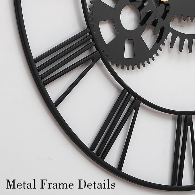 Steampunk Wall Clock 24 Inch, Industrial Metal Gears with Roman Numerals, Retro Distressed Finish Mechanical Art for Bar, Living Room, Cafe Decor
