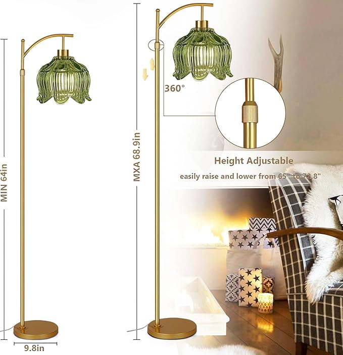 Glass Floor Lamp for Living Room,Bedroom,Gold Dimmable Standing Lamp with Remote,Mid Century Modern Brass Tall Lamp Boho Vintage Floor Lamps Arc Green Tulip Flower Floor Light Lamp Bohemian