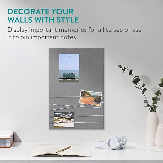 Navaris Fabric Memo Bulletin Board - 12" x 17" Velvet Memory Board for Wall to Display Photo Collages, Pictures, Notes - Includes 6 Push Pins - Gray